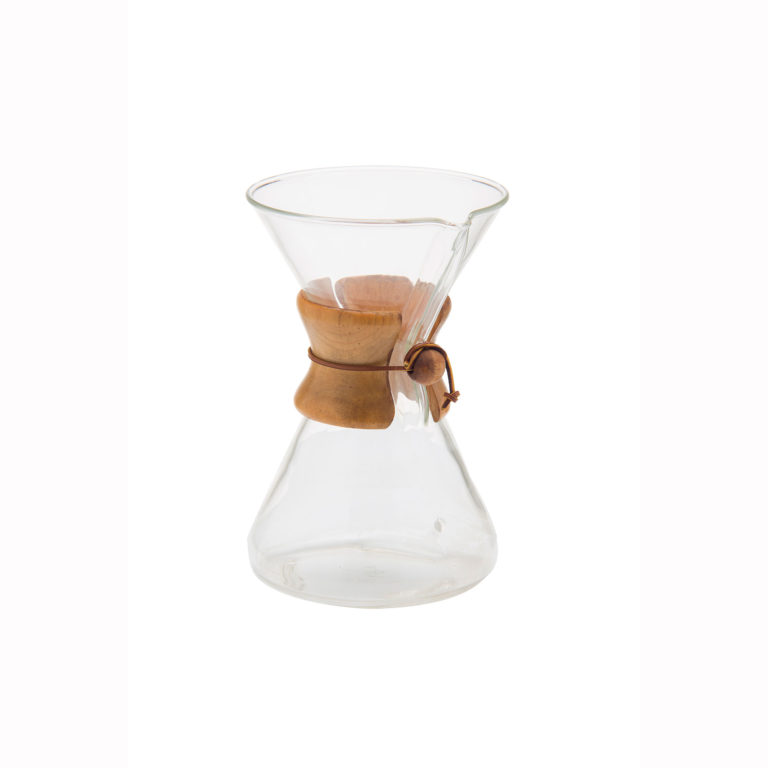 Transparent glass coffee maker. Its form is similar to an hourglass, with a glass cone shape for the bottom joined to another glass cone shape on the top, creating a narrow center  surrounded by a two-piece wooden handle held in place by a leather thong secured with a wooden bead.