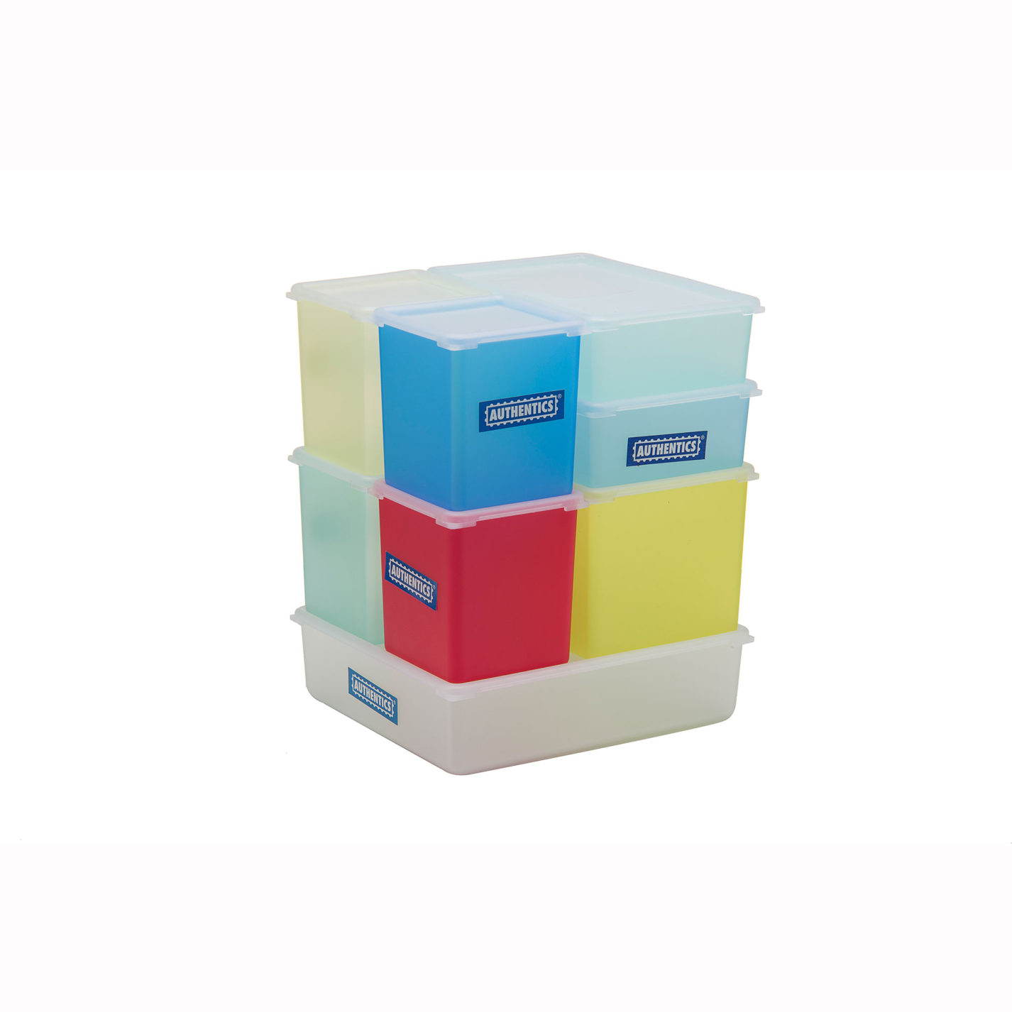 Set of plastic food containers in  different sizes of rectangles in translucent blues, yellows, greens, and red, all with translucent white lids, and fitting together in a cube-shaped stack.