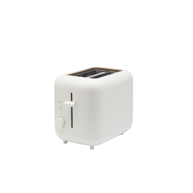 White plastic toaster. Its surfaces are smooth and all edges and corners are rounded. 