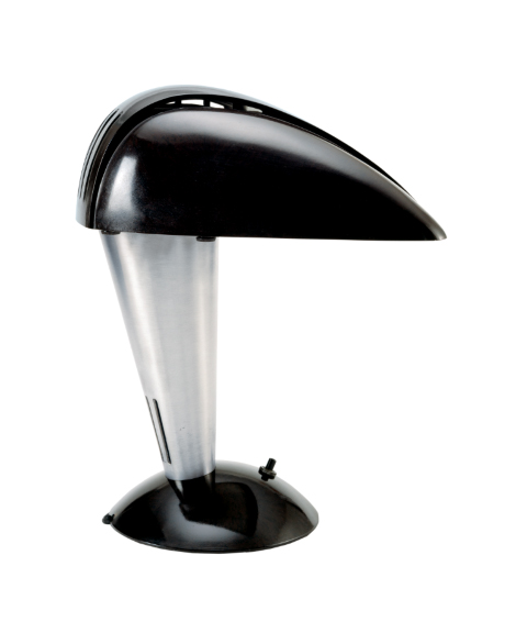 Desk lamp with rounded black plastic shade and conical aluminum stem that tapers down to a rounded black base.