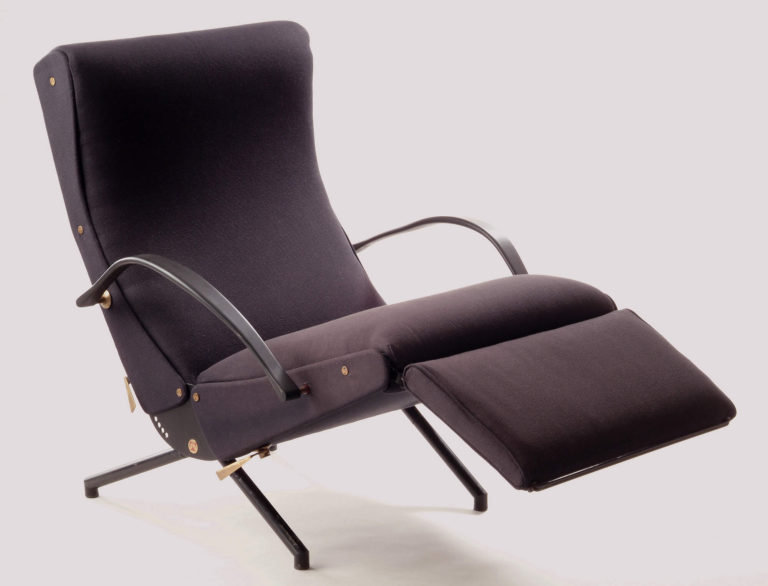 Dark Grey reclining lounge chair with a tall shaped back, square seat, and rectangular footrest. Angled legs and curved arms in black steel.