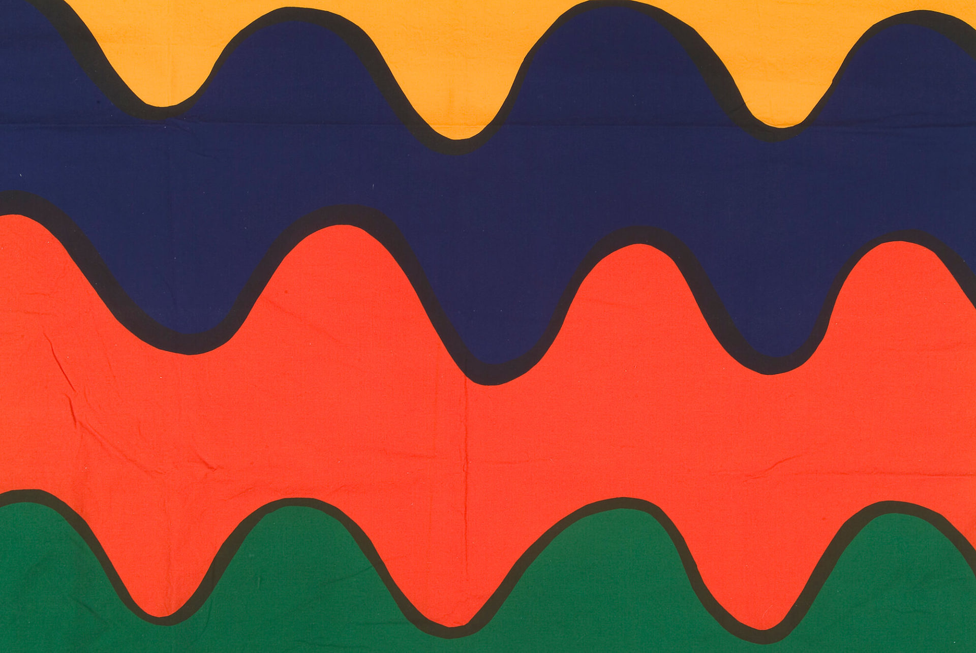 Textile with thick, horizontal rippling stripes in yellow, blue, orange, and green, each outlined in black.