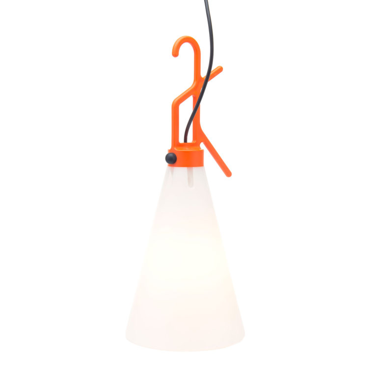 Portable lamp with conical base in transparent white plastic, tapering up to an angular bracket in orange plastic with rounded hanging hook at the top.