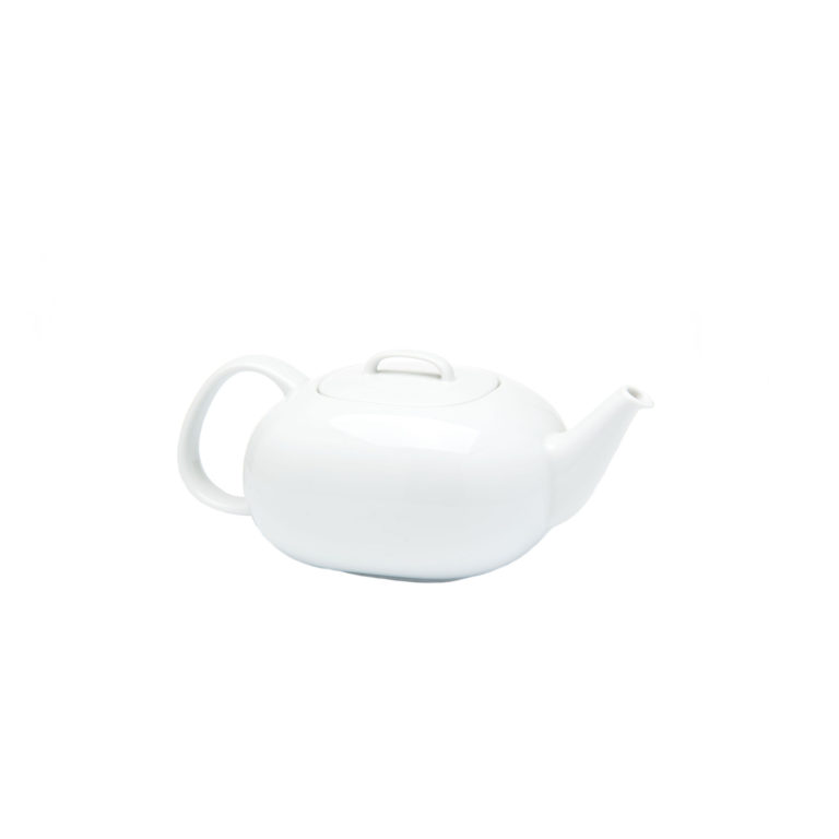 White porcelain teapot. Its form is a smooth rounded rectangle with handle and spout with a simple, low handle set on the lid.